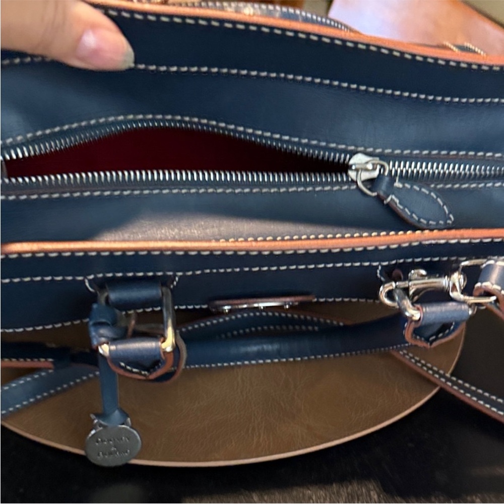 Dooney & Bourke Navy Satchel with Tan Trim - Picture 4 of 10